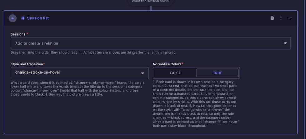Session List content block in Strapi