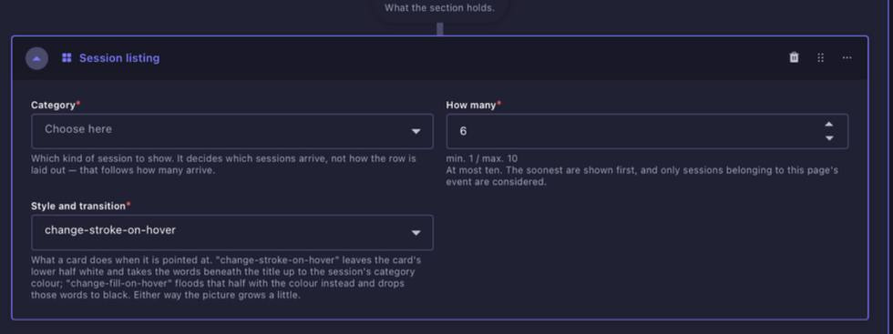 Session Listing content block in Strapi
