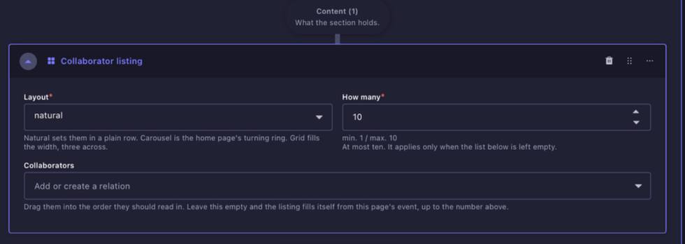 Collaborator Listing content block in Strapi