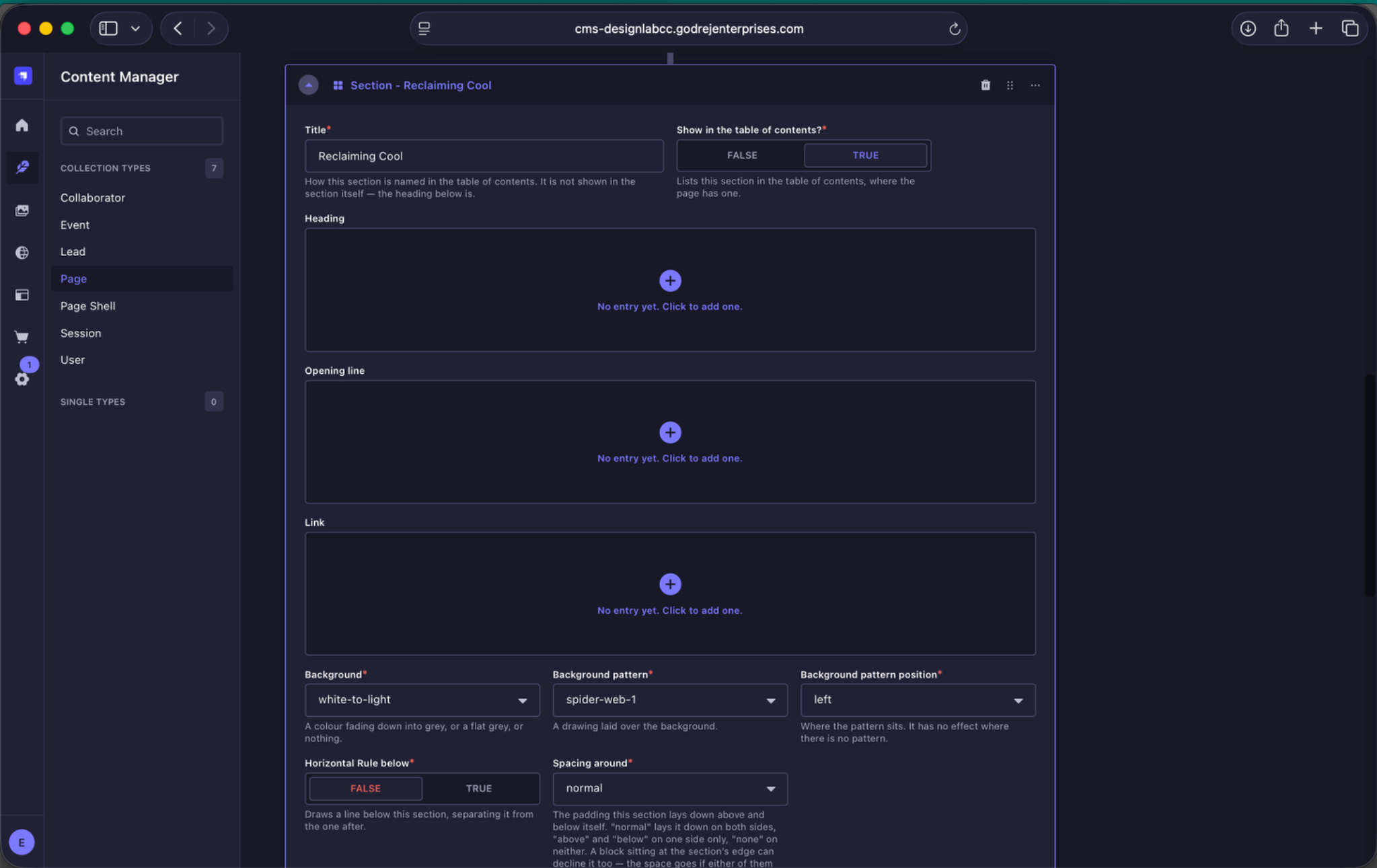 Theme section pattern controls
