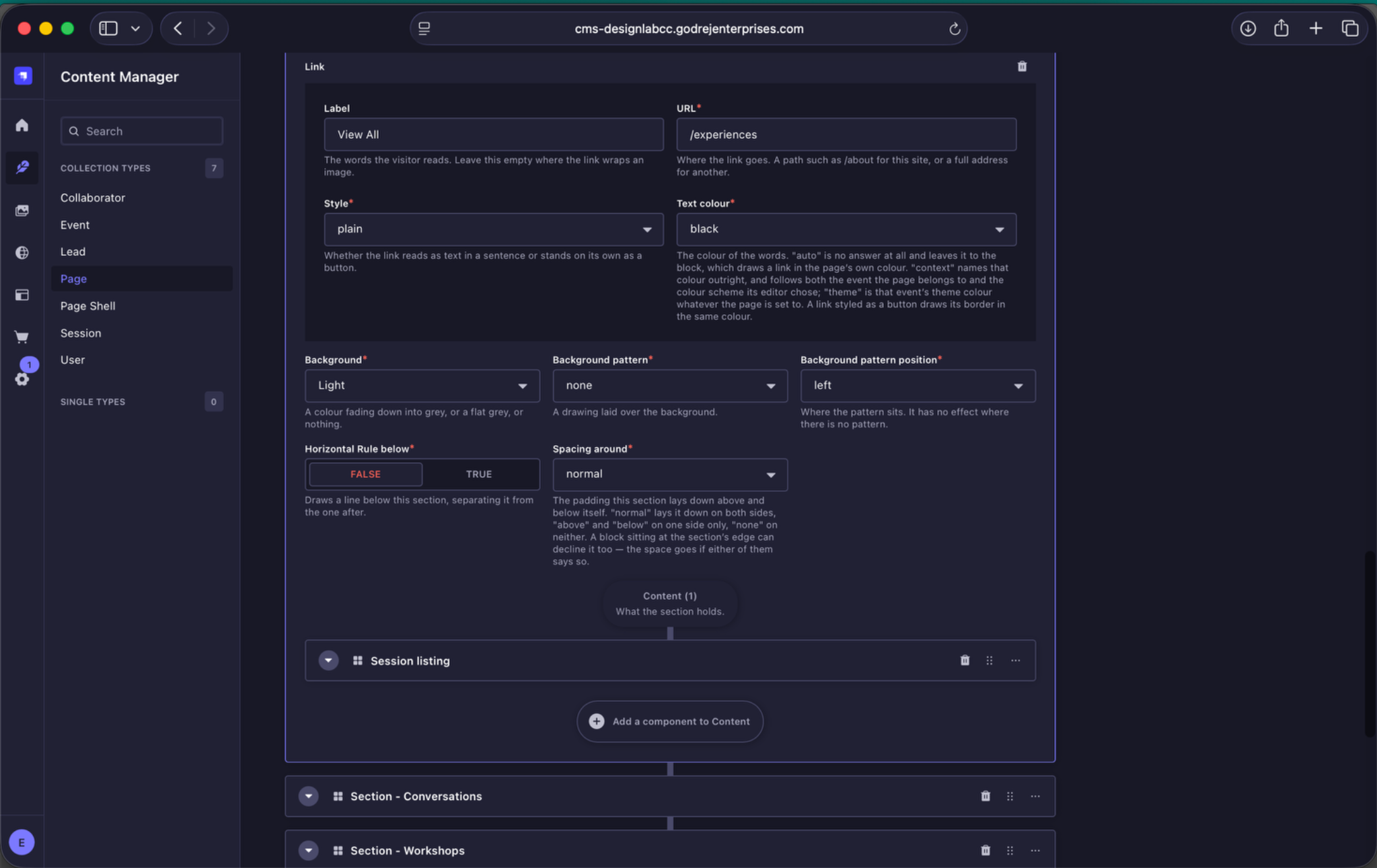 Experiences section controls