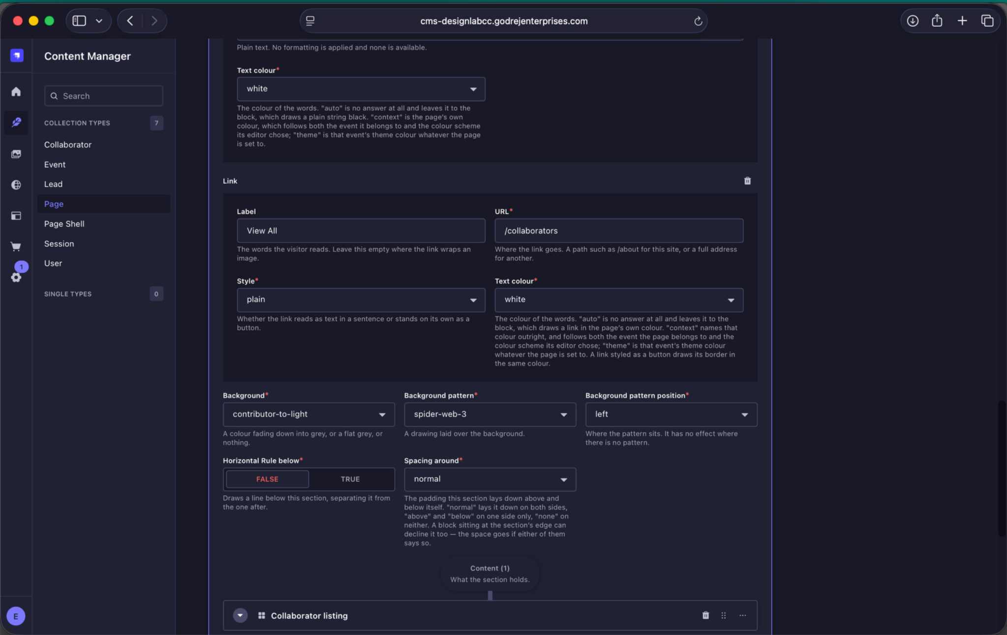 Collaborators section visual settings and listing