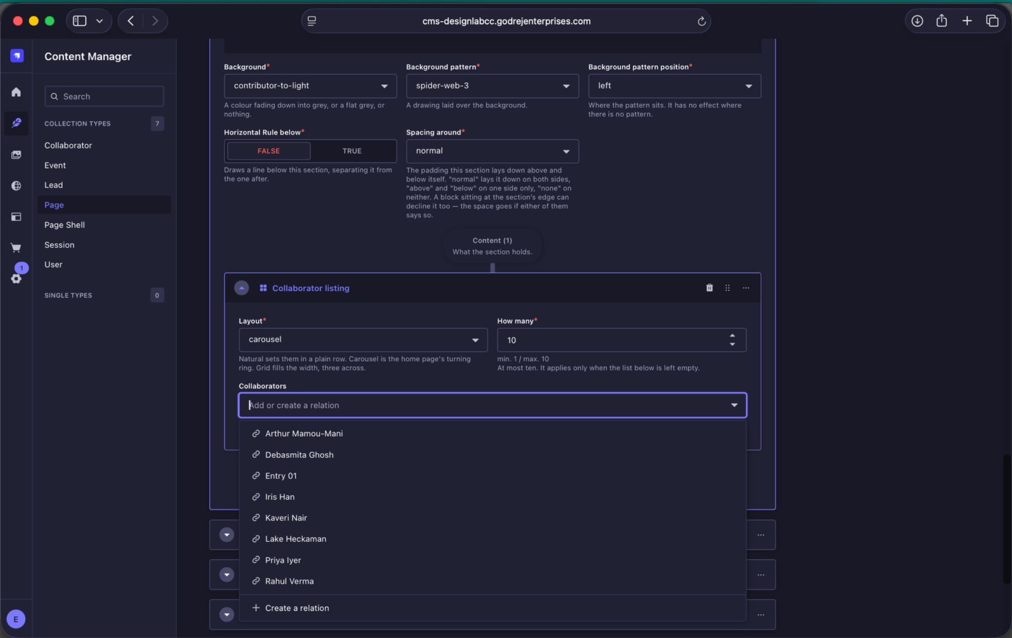 Selecting collaborators for the Landing Page carousel