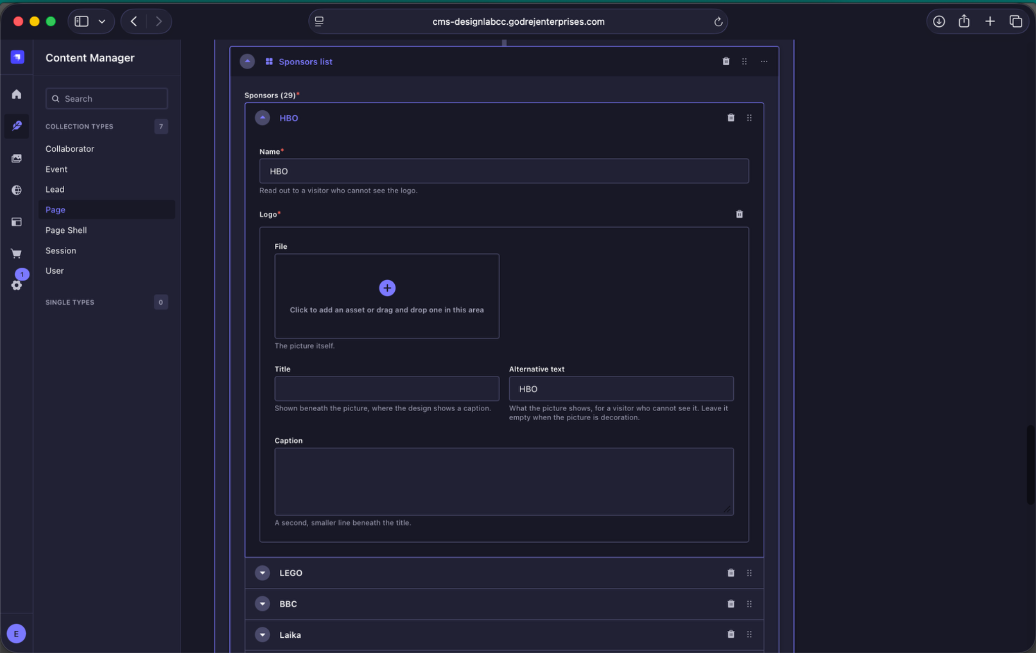 Sponsor entry fields