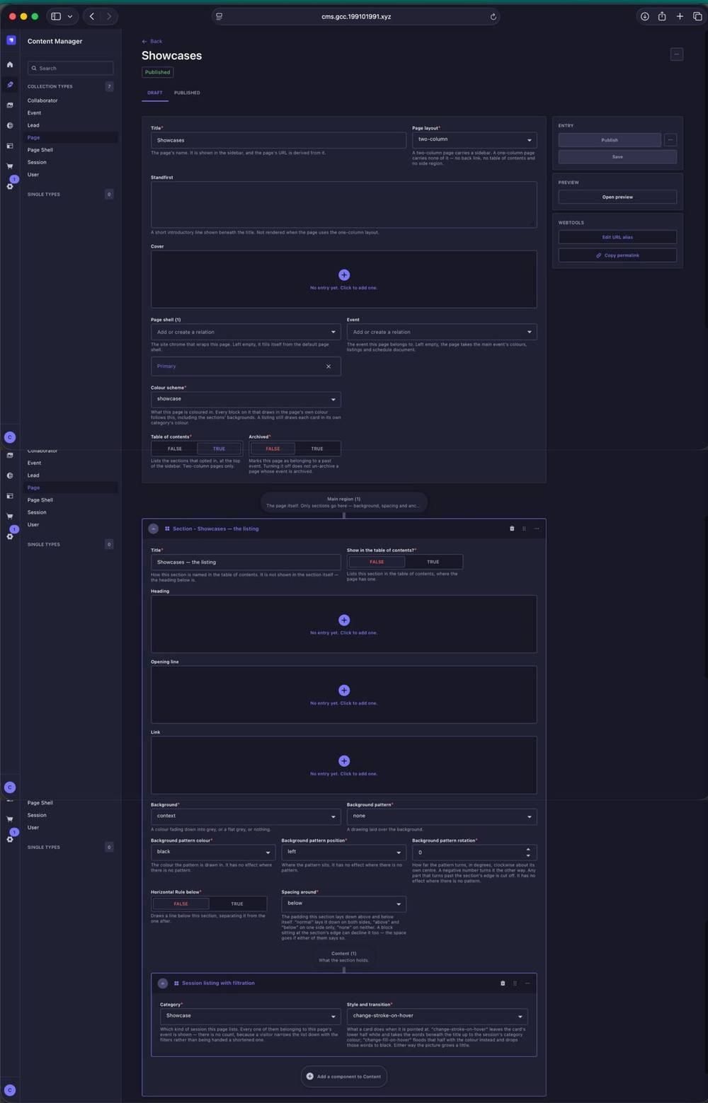 Showcases listing page in the CMS