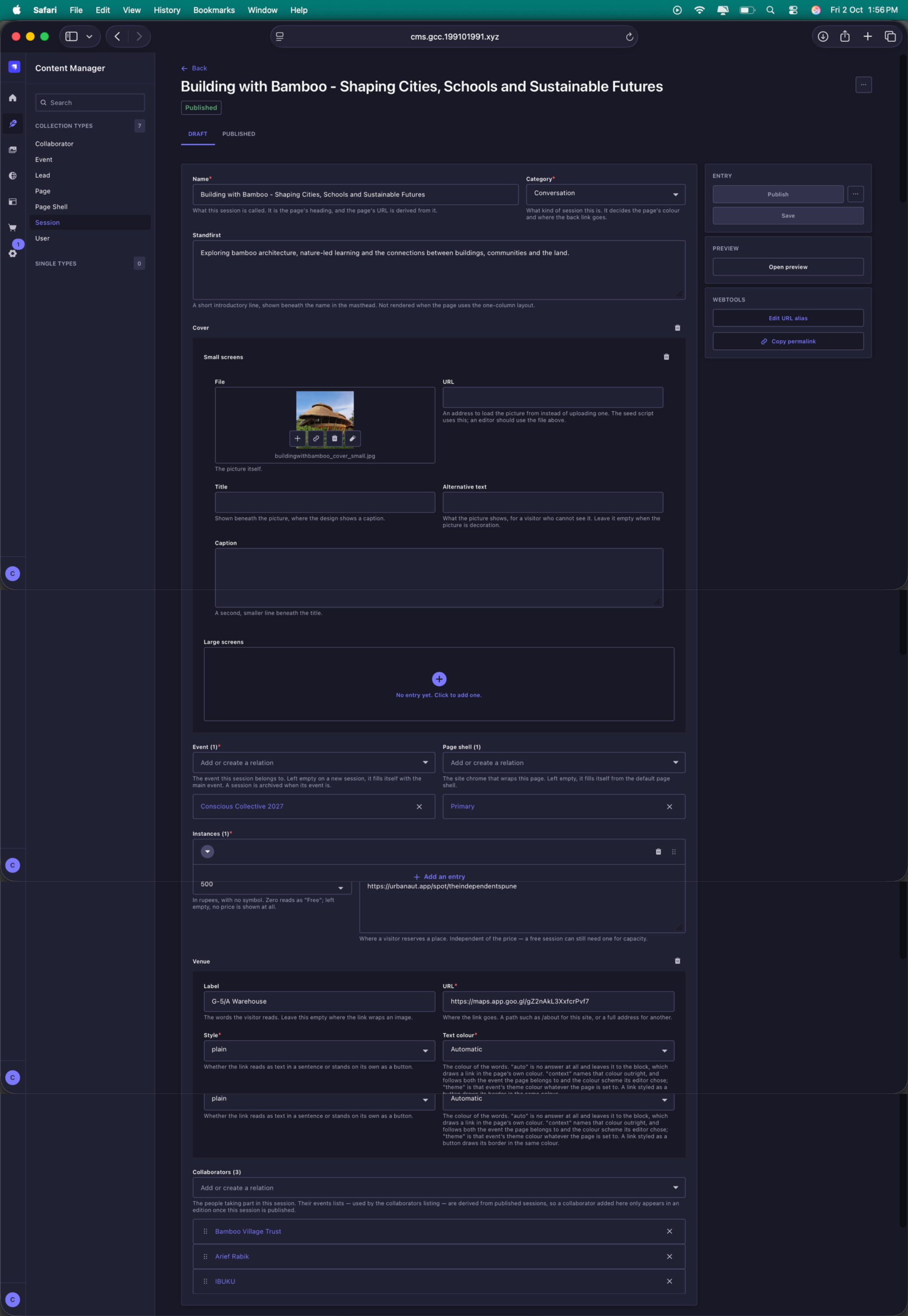 Session setup including cover, event, instances and practical information