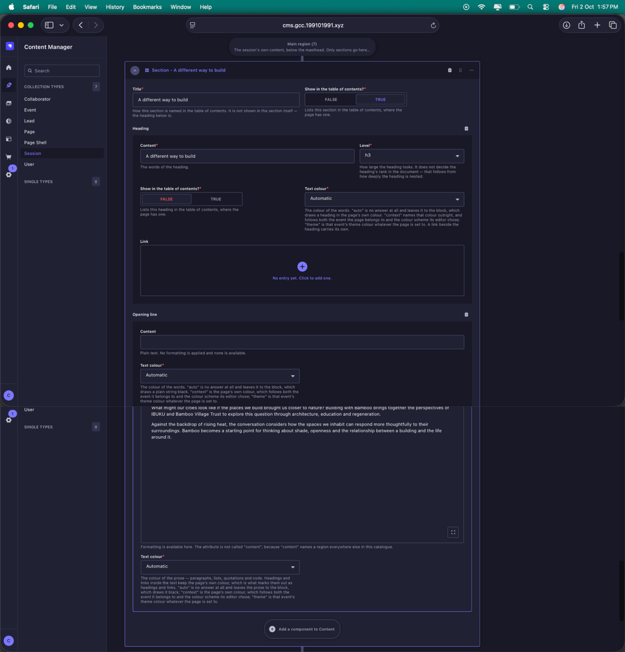 Example Session editorial section and WYSIWYG field