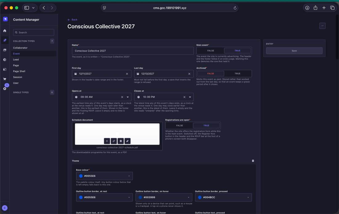 Schedule Document field inside the Conscious Collective 2027 Event entry