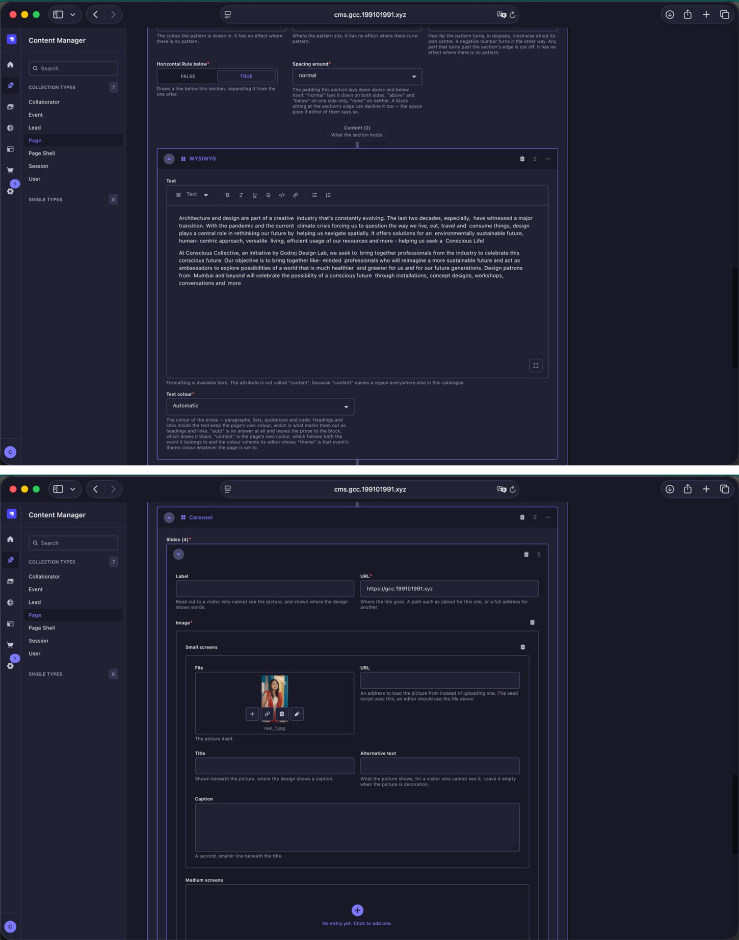 About Page theme text and carousel blocks