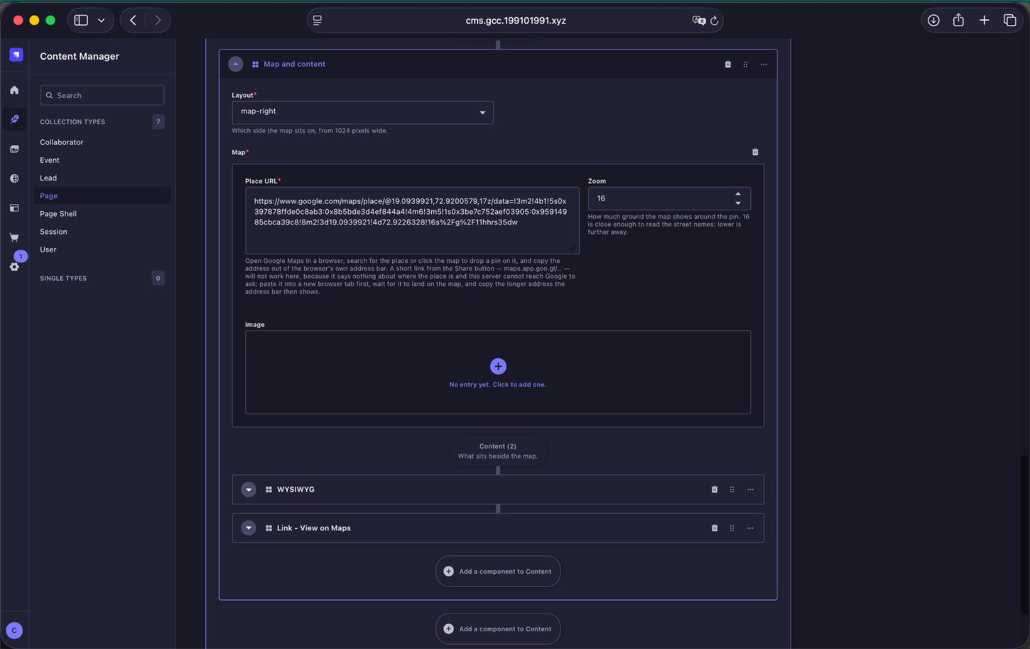 Map and Content block used for the About Page location