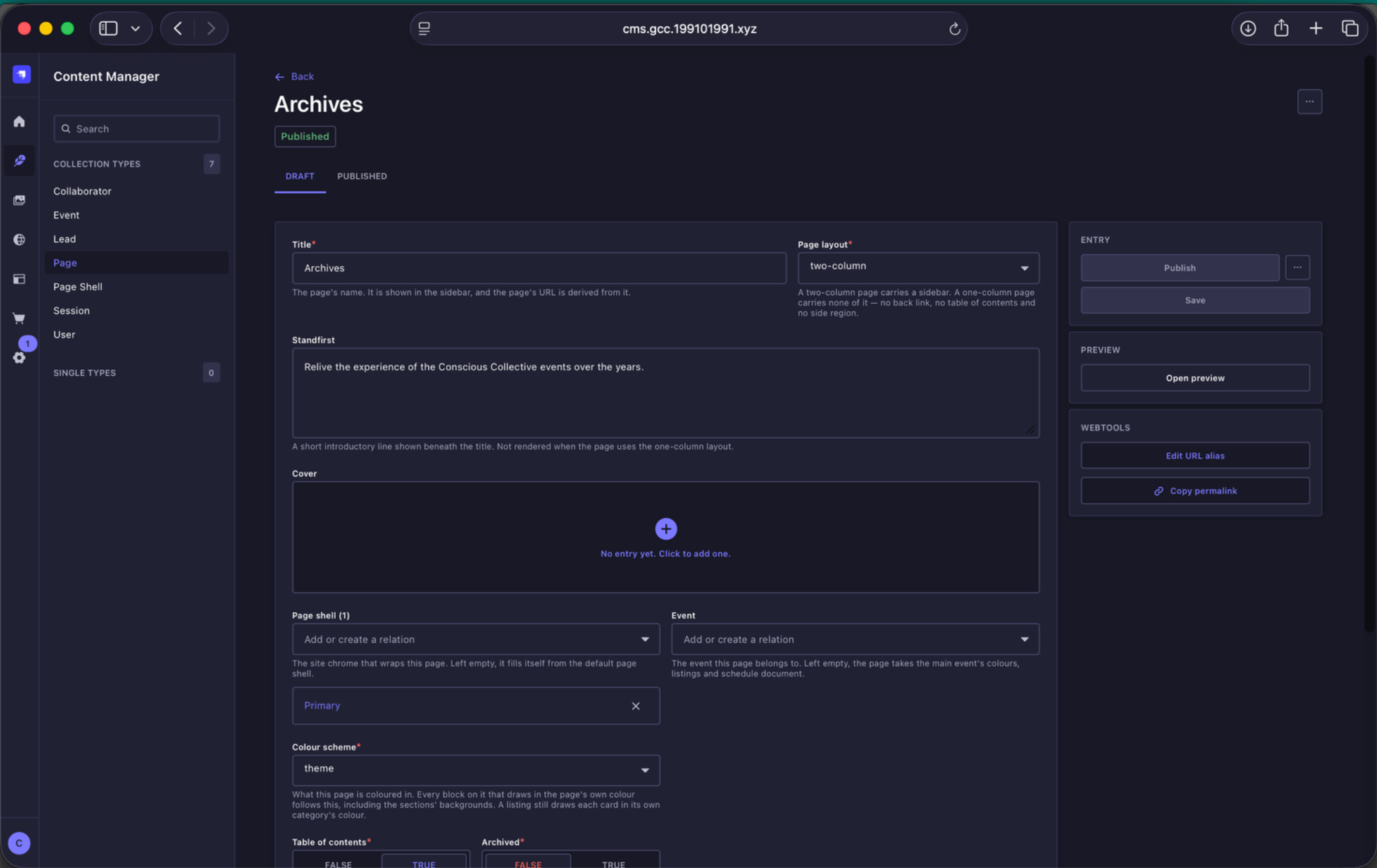 Archives page setup in Strapi