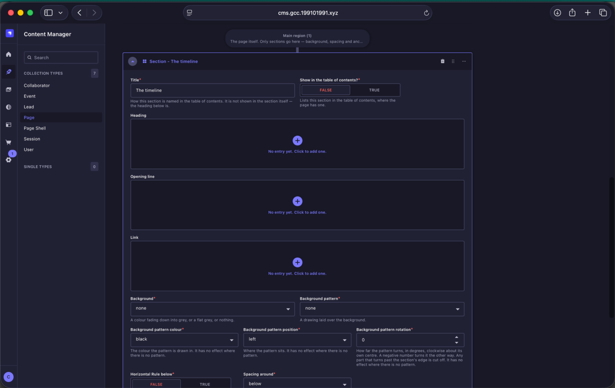 Archive timeline section in Strapi