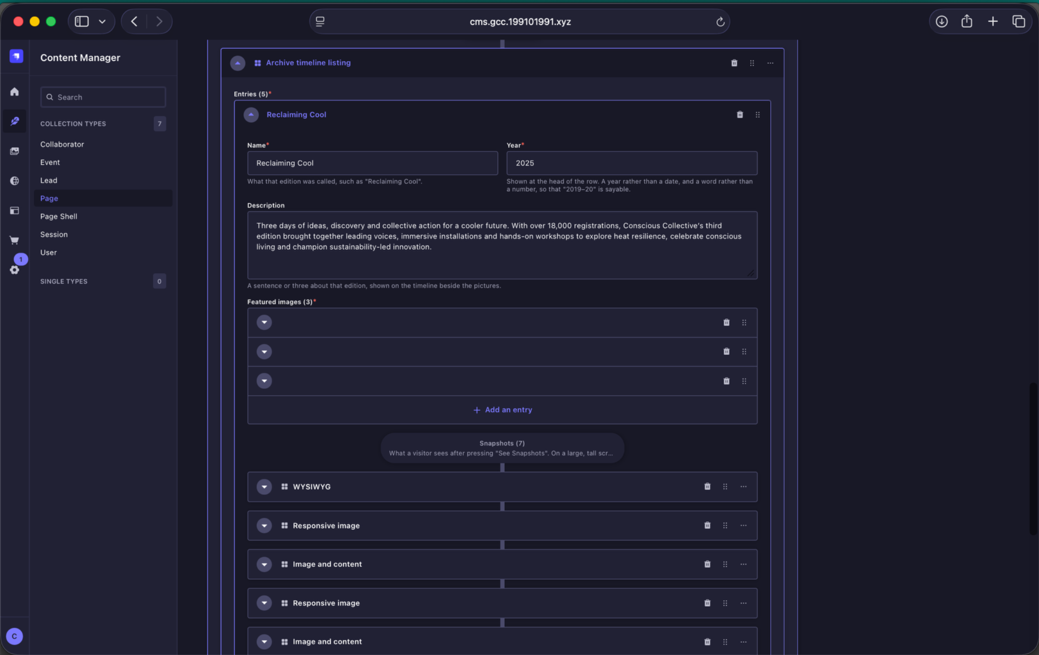 Archive entry with snapshots content in Strapi