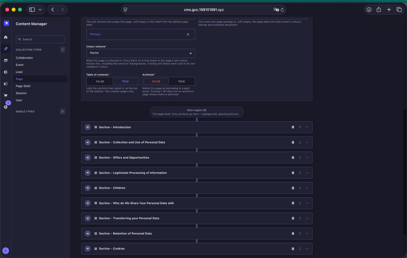 Privacy Policy section structure in Strapi