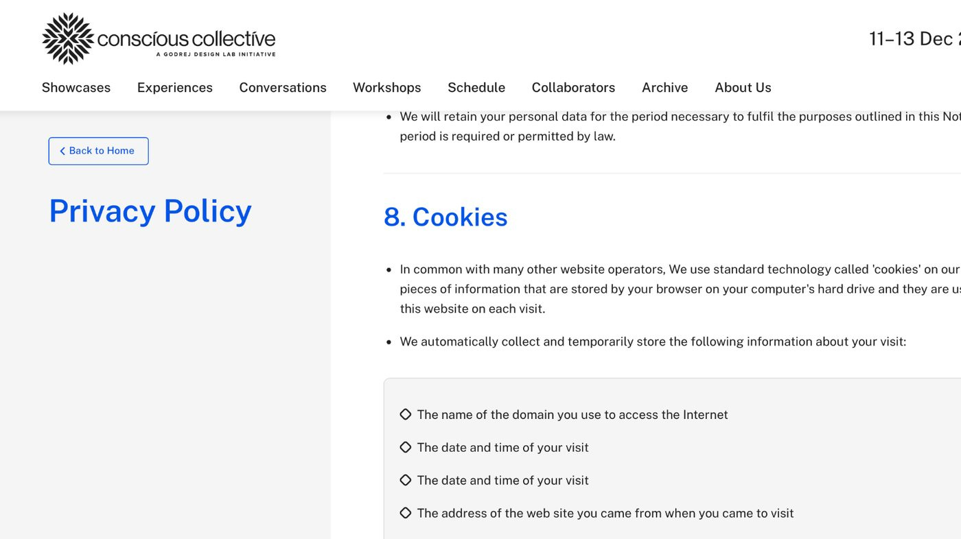 Privacy Policy frontend showing boxed bullet list
