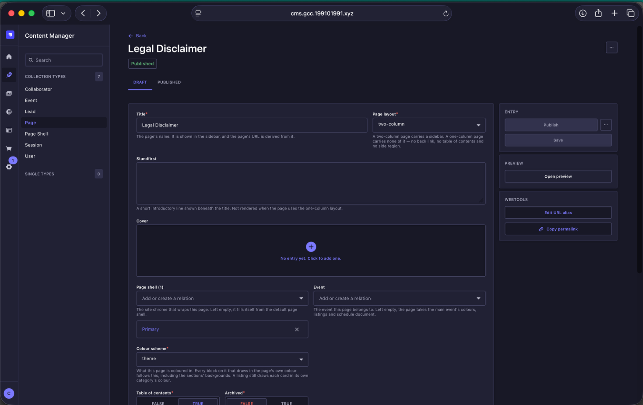 Legal Disclaimer page setup in Strapi