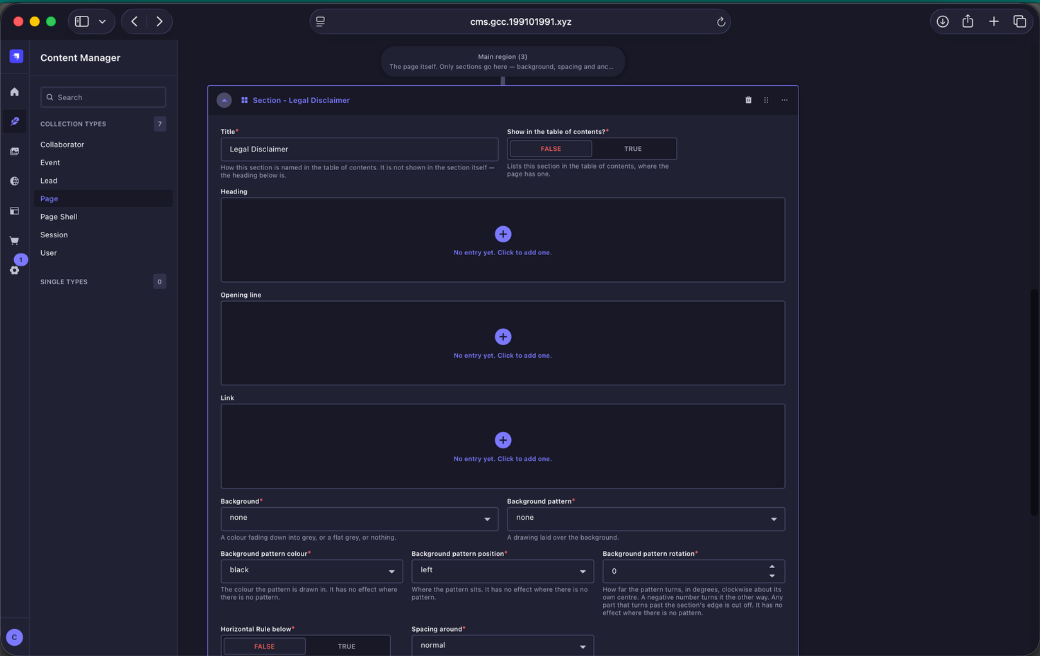 Legal Disclaimer section settings in Strapi