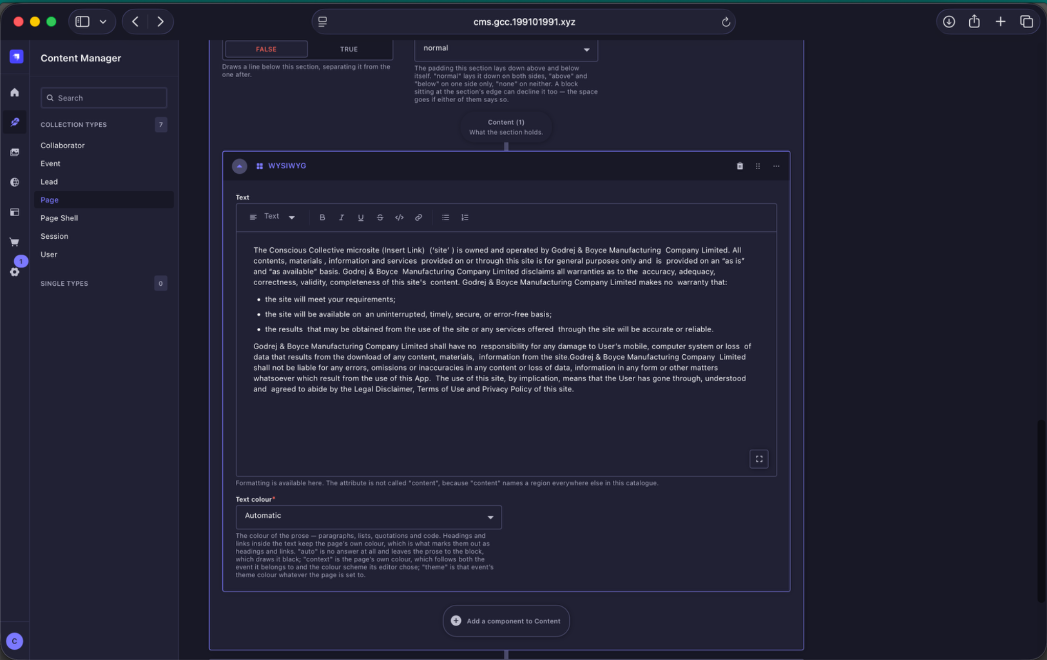 WYSIWYG legal copy field in Strapi