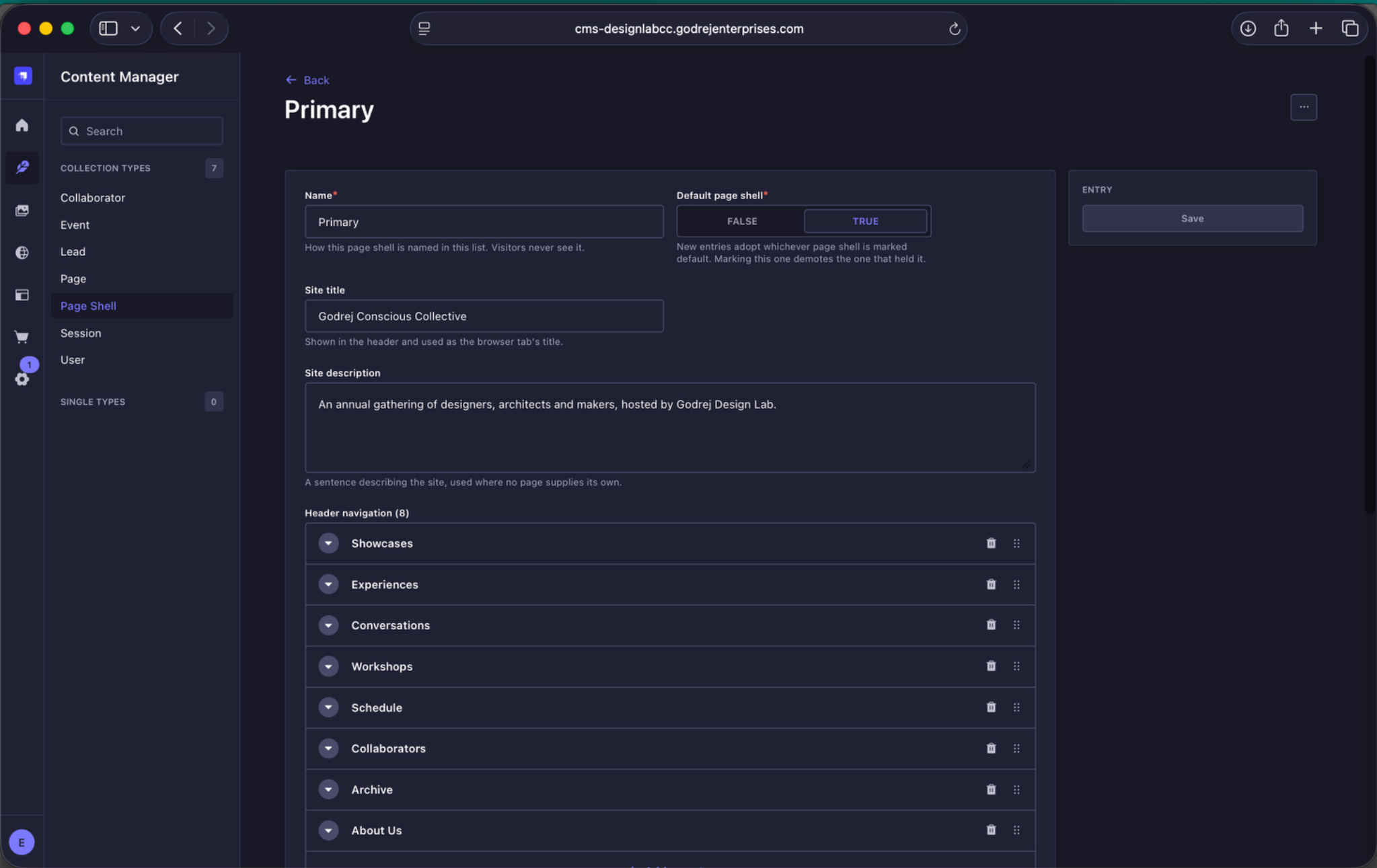 Primary Page Shell settings and navigation