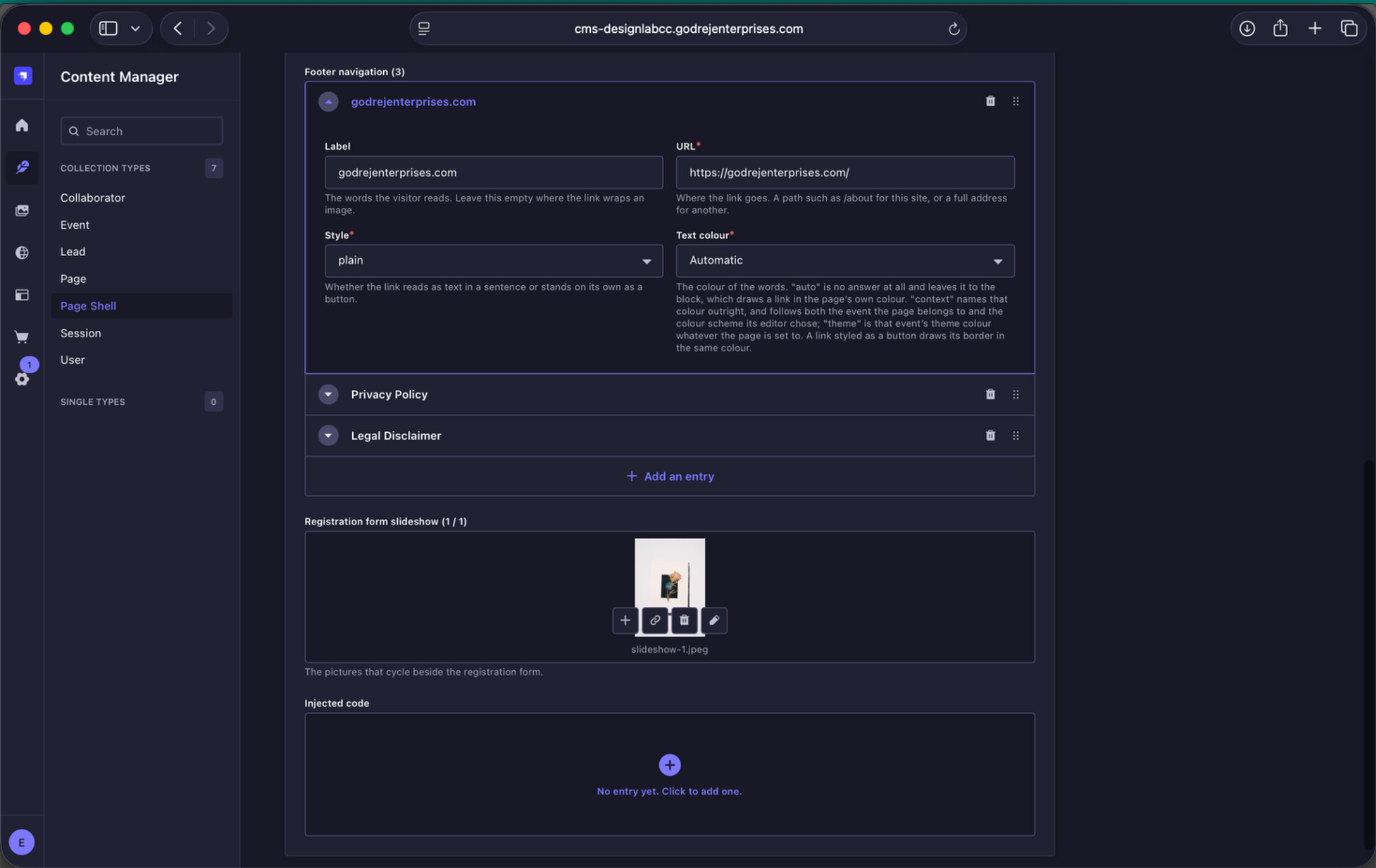Footer navigation and registration form slideshow